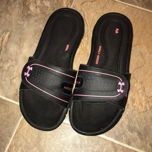 Black and Pink Under Armour Slides Shoes